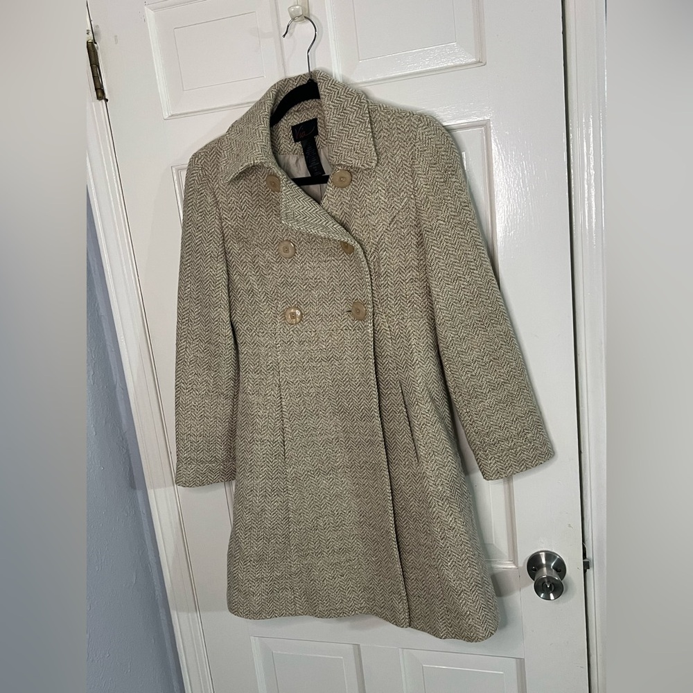 Via Spiga Beige Herringbone Pea Coat